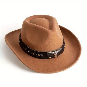 Light Brown Western Cowboy Cowgirl Hat for Men Women – Black Bull Strap Retro Fe